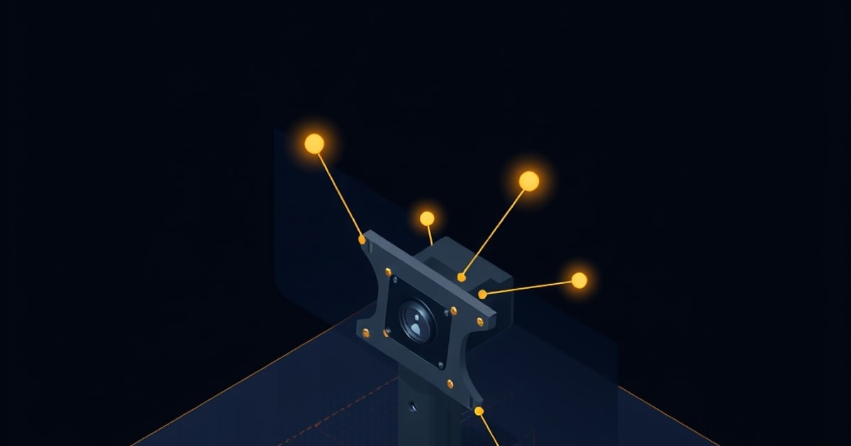 Isometric monitor showing VESA hole patterns, adapter plates, and threaded mount points from rear